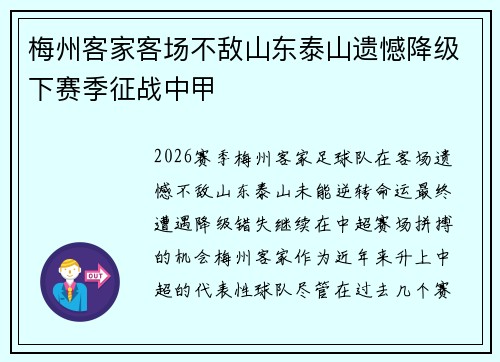 梅州客家客场不敌山东泰山遗憾降级下赛季征战中甲